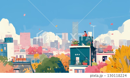 都市の町並みと青空（ポップでキュートな色使い）