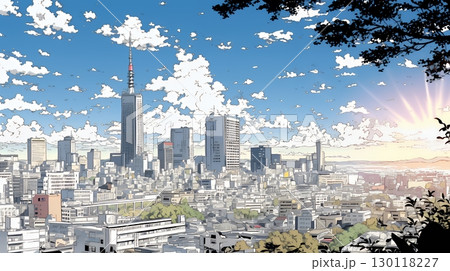 都市の町並みと青空