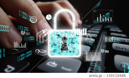Concept of Cyber Security with Hands Typing on Keyboard and Digital Lock Imagery Representing Protection and Privacy in the Online World xenic 130118486
