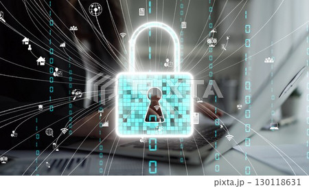Digital Security Concept Featuring Lock Icon Surrounded by Network and Technology Icons Representing Data Protection and cyber security Challenges xenic 130118631