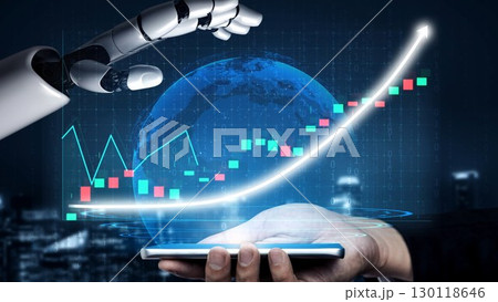 Robotic Hand Reaches for Smartphone with Financial Growth Graph and Stock Market Data in Futuristic Digital Environment Copula Robotic Hand Reaches for Smartphone with Financial Growth Graph and Stock Market Data in Futuristic Digital Environment Copula 130118646