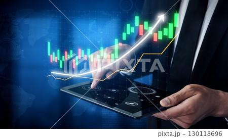 Businessman Analyzing Digital Stock Market Trends on Tablet with Data Visualization Graphics and Growing Financial Charts in Modern Office Environment Copula Businessman Analyzing Digital Stock Market Trends on Tablet with Data Visualization Graphics and Growing Financial Charts in Modern Office Environment Copula 130118696