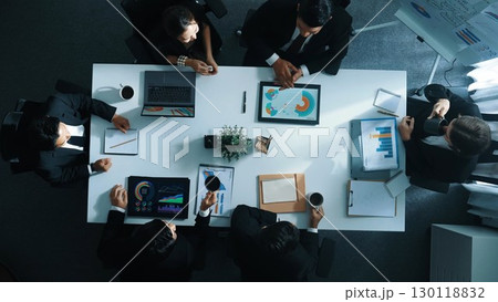 Top view of business team listening manager present growth sales. Directorate. Top view of business team listening manager present growth sales. Directorate. 130118832