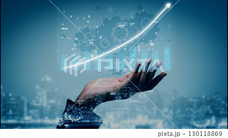 Futuristic Business Concept with Hand Reaching for Growth Graph and Gears Over Cityscape, Symbolizing Innovation and Progress in Technology Copula 130118869