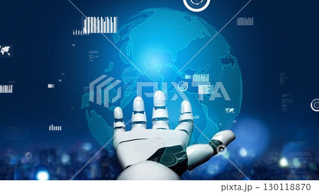 Futuristic Robot Hand Reaching Out Towards a Digital Globe with Data Visualization and Statistics in a High-Tech Environment xenic 130118870