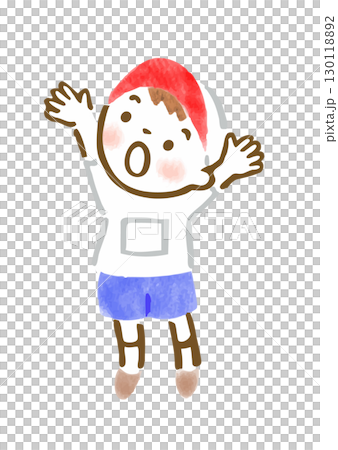 Hand-drawn illustration of a boy in gym clothes stretching Hand-drawn illustration of a boy in gym clothes stretching 130118892