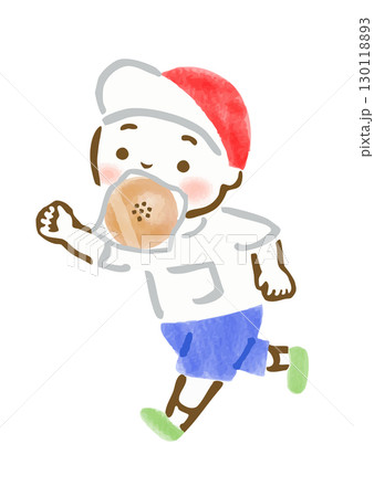 運動会のパン食い競争でパンをくわえて走る男の子の手描きイラスト 130118893