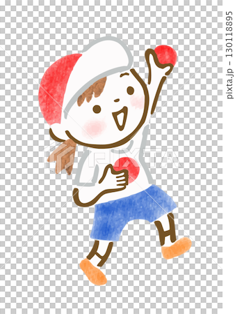 運動会で玉入れの玉を投げようとしている女の子の手描きイラスト 130118895