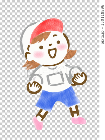 Hand-drawn illustration of a girl holding a ball for a sports day 130118896