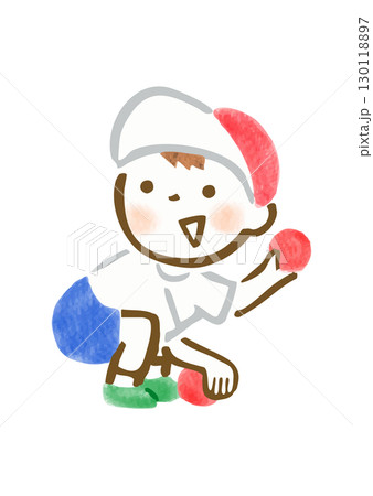 運動会で玉入れの玉を拾っている男の子の手描きイラスト 運動会で玉入れの玉を拾っている男の子の手描きイラスト 130118897