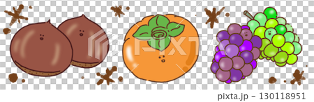 栗子、柿子和葡萄的秋季風味的可愛手繪線性插圖 栗子、柿子和葡萄的秋季風味的可愛手繪線性插圖 130118951