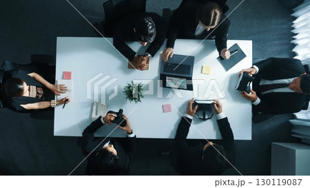 Top view of professional businessman give vr headset to investor. Directorate. 130119087