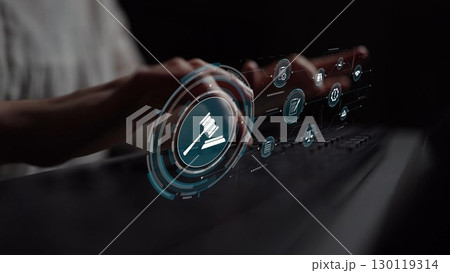 Digital law interface displaying justice scale, highlighting digital law Muxer 130119314