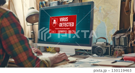 Virus warning alert on computer screen detected brisk cyber threat 130119463
