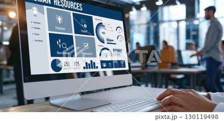 Human resources software on computer screen help employee manage people brisk 130119498