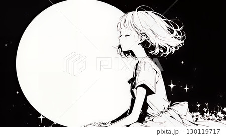 月見をしている若い女性（シンプルな色使い）
