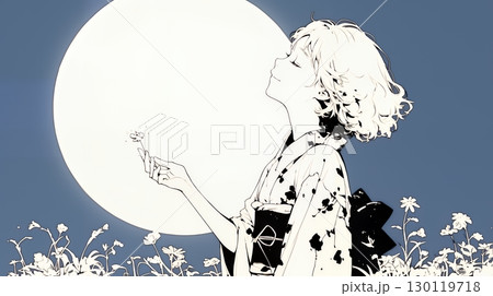 月見をしている若い女性（シンプルな色使い）