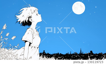 月見をしている若い女性（シンプルな色使い）