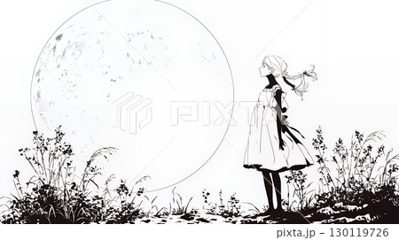 月見をしている若い女性（シンプルな色使い）