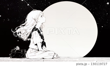 月見をしている若い女性（シンプルな色使い）