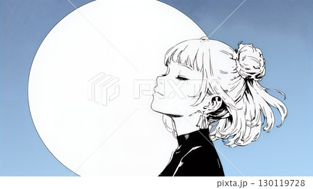 月見をしている若い女性（シンプルな色使い）