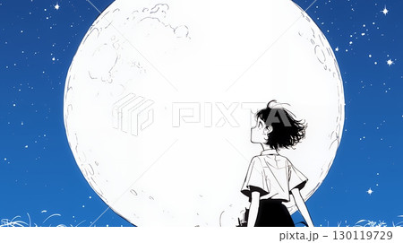月見をしている若い女性（シンプルな色使い）