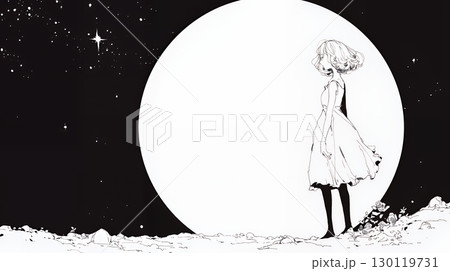 月見をしている若い女性（シンプルな色使い）