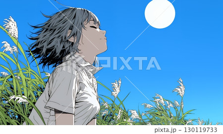 月見をしている若い女性