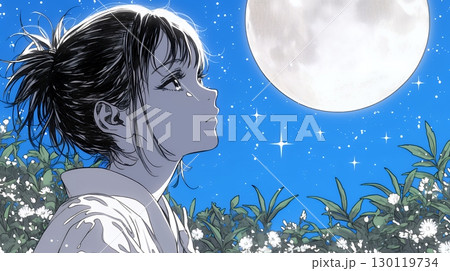 月見をしている若い女性