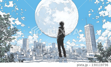 月見をしている若い女性
