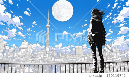 月見をしている若い女性