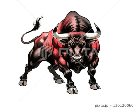 A dynamic illustration of a powerful red and black bull charging, perfect for strong branding. Animals. 130120060