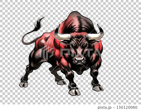 A dynamic illustration of a powerful red and black bull charging, perfect for strong branding. Animals. 130120060