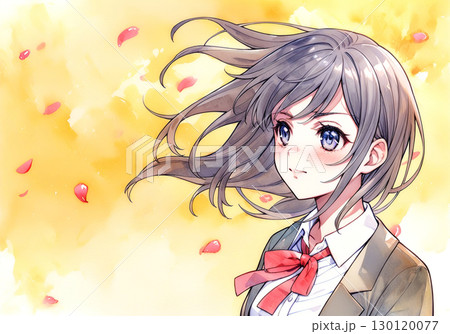 桜の花びらが舞う中で夢に向かう少女 130120077