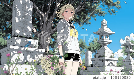 墓参りをしている若い女性