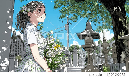 墓参りをしている若い女性