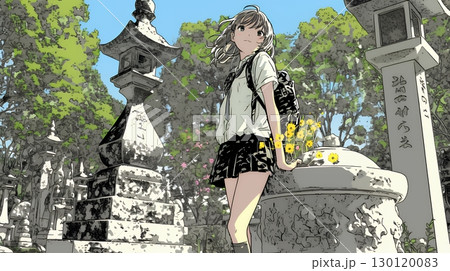 墓参りをしている若い女性