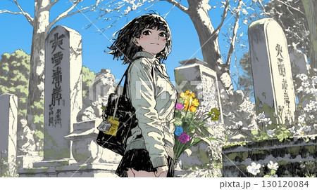 墓参りをしている若い女性