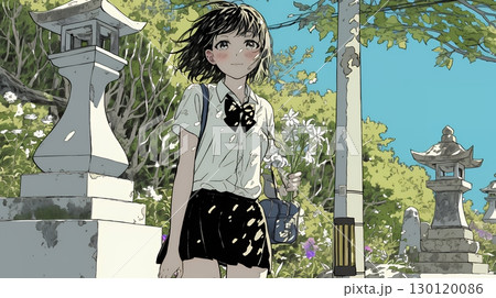 墓参りをしている若い女性