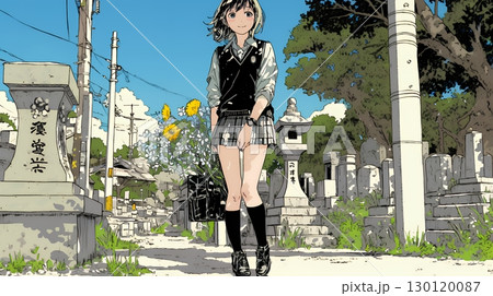 墓参りをしている若い女性