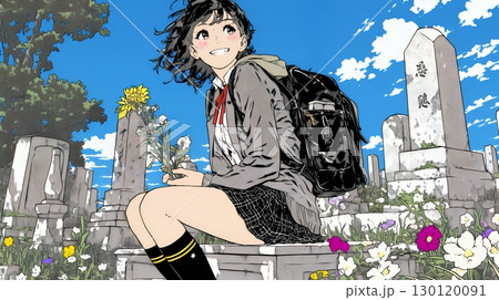 墓参りをしている若い女性
