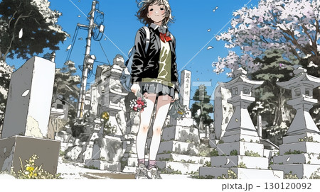 墓参りをしている若い女性