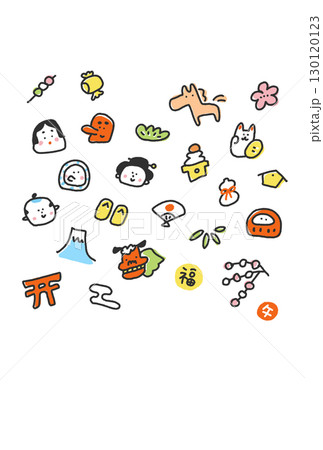 馬と正月の縁起物の手描きのかわいい和風年賀状イラスト　2026 富士山・達磨・鏡餅 130120123