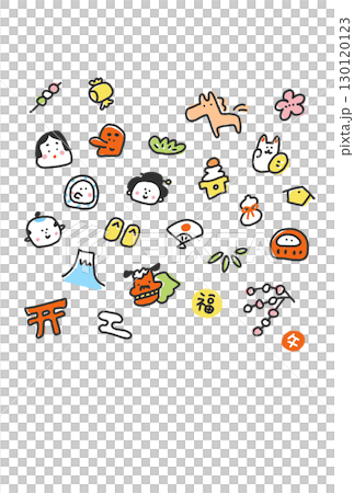 馬と正月の縁起物の手描きのかわいい和風年賀状イラスト　2026 富士山・達磨・鏡餅 130120123