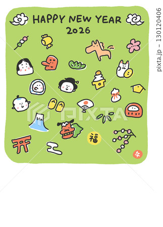 馬と正月の縁起物の手描きのかわいい和風年賀状 2026 富士山・達磨・鏡餅 馬と正月の縁起物の手描きのかわいい和風年賀状 2026 富士山・達磨・鏡餅 130120406