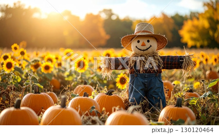 A smiling scarecrow in a witch hat stands among orange pumpkins in a field of sunflowers during the autumn harvest A smiling scarecrow in a witch hat stands among orange pumpkins in a field of sunflowers during the autumn harvest 130120464