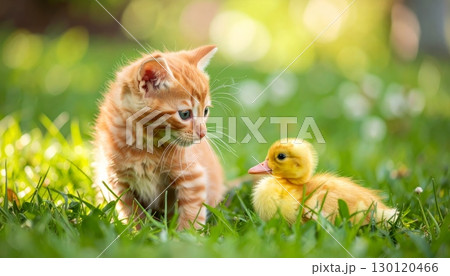 Kitten and Duckling in Lush Green Meadow Kitten and Duckling in Lush Green Meadow 130120466