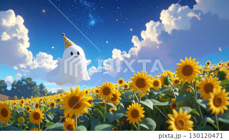 3D Ghost with Party Hat Floating Over Sunflower Field 3D Ghost with Party Hat Floating Over Sunflower Field 130120471