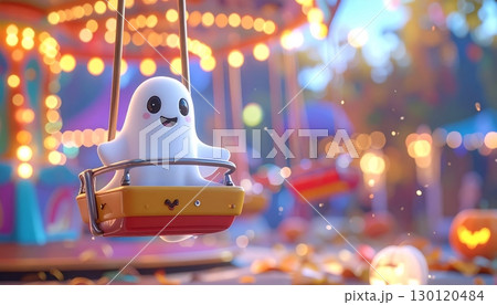 A 3D cute ghost playing on an abandoned amusement park ride, with mysterious fantasy lighting. A 3D cute ghost playing on an abandoned amusement park ride, with mysterious fantasy lighting. 130120484