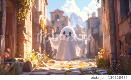 A 3D cute ghost flying through an ancient city filled with ruins. A 3D cute ghost flying through an ancient city filled with ruins. 130120485